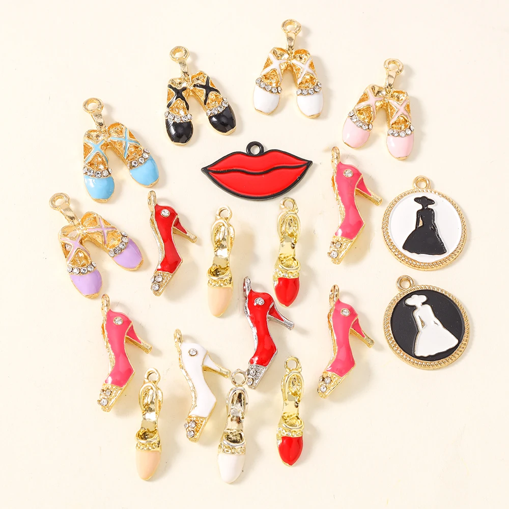 10pcs Cute Enamel Make Up Bag High Heels Charms Pendants for Jewelry Making Drop Earrings Necklaces DIY Crafts Gifts