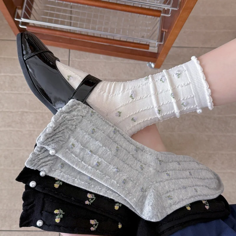 Women's Floral Ruffle Mid-Calf Socks, Cotton Pearl Decor Crew Socks, Cute Aesthetic Casual Socks for Daily Wear, All Seasons