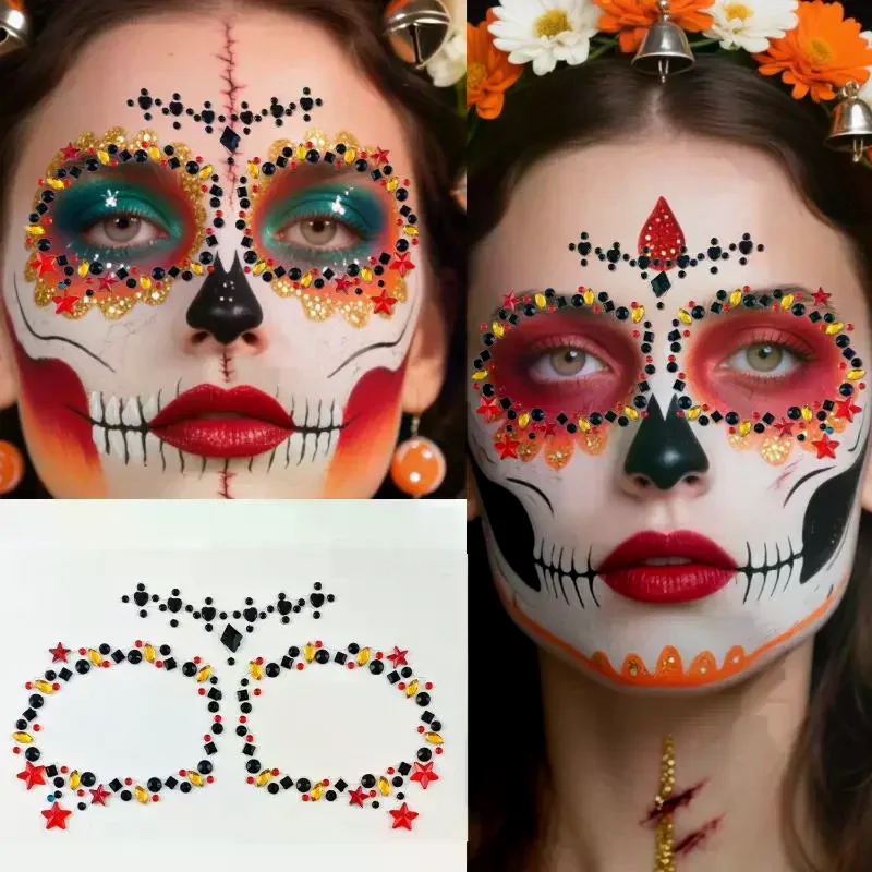Colorful Flower Skull Face Jewel Stickers With Sparkly Rhinestone Self Adhesive For Halloween Cosplay Makeup