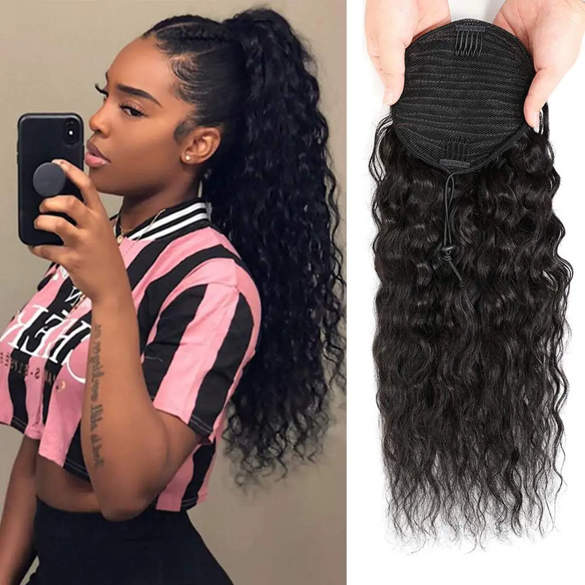 Water Curly Ponytail Extensions Human Hair Deep Wave Drawstring Ponytail With Clip In Thick Ponytail Hair Natural Black