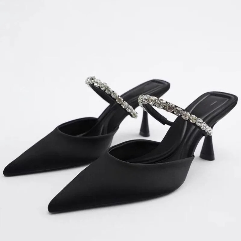 2024 Summer High Heeled Mules Shoes for Women Beige Black Suede Shiny Diamond Chain Sexy Pointed Toe Party Sandals Slingbacks