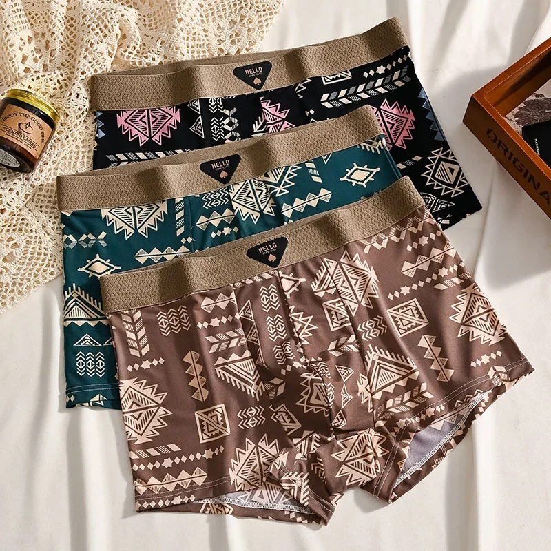 4Pcs Comfortable Plus Size Men's Boxer Briefs Seamless Mid Waist Shorts Underpants Elastic Lingerie Printed Panties Male