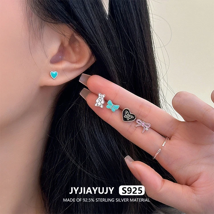 JYJIAYUJY 100% Whole Original Sterling Silver S925 Stud Earrings Cute Beer Heart Knot Colorful Style Fashion Jewelry JYE210