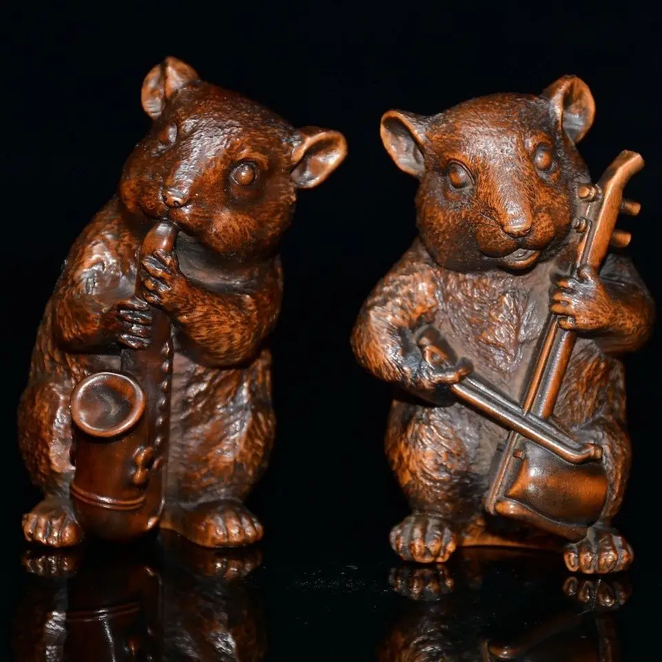 Hand Carved Wood play music squirrel Statue Figurine Desktop Ornaments Home Decoration Crafts Tea Pet Decor