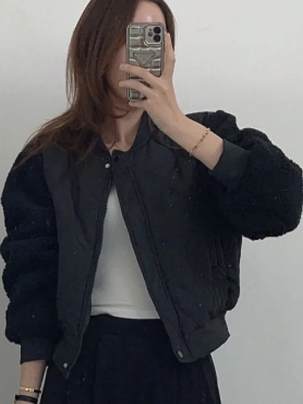 Mujer invierno ort Thiened piel de cordero empalme algodón Jaet béisbol Sle prendas de vestir exteriores suelta versátil Color Blo abrigo