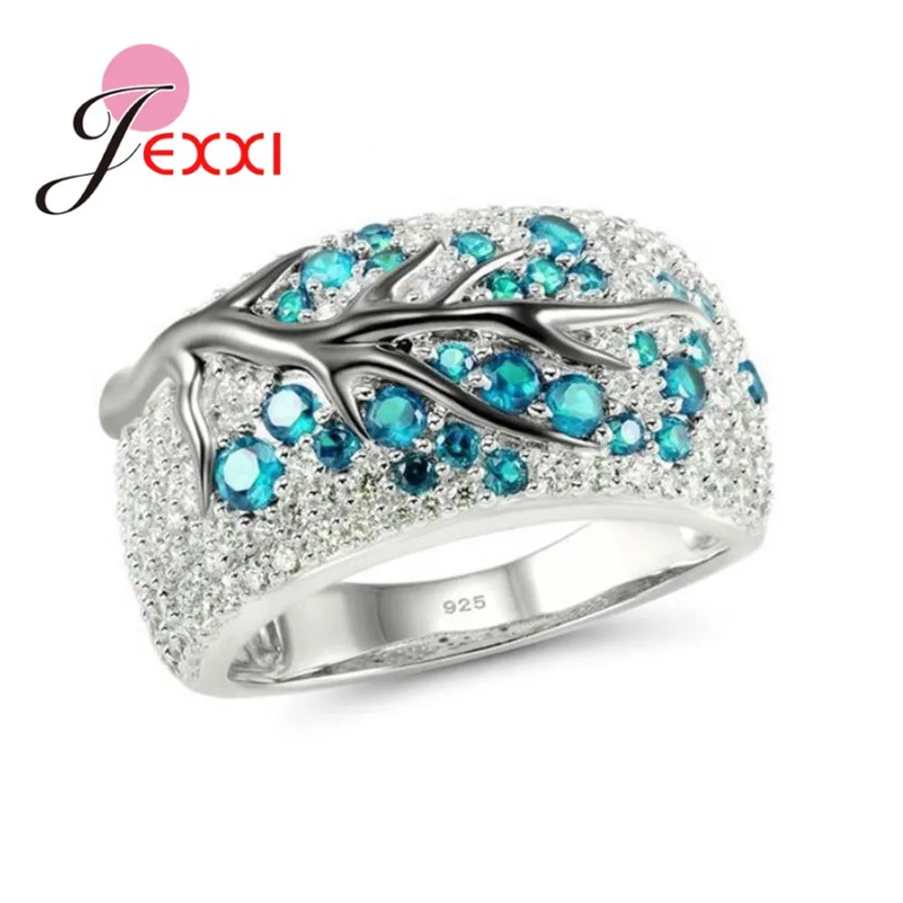 Solid 925 Silver Color Austrian Crystal Finger Rings Colorful Tree Original Design for Men Women Couple Jewelry