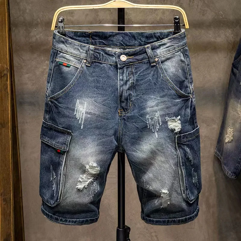 Trendy Men's Ripped Five-Quarter Denim Shorts Summer Multi-Pocket Workwear  Riding Pants Loose Straight Leg Jeans