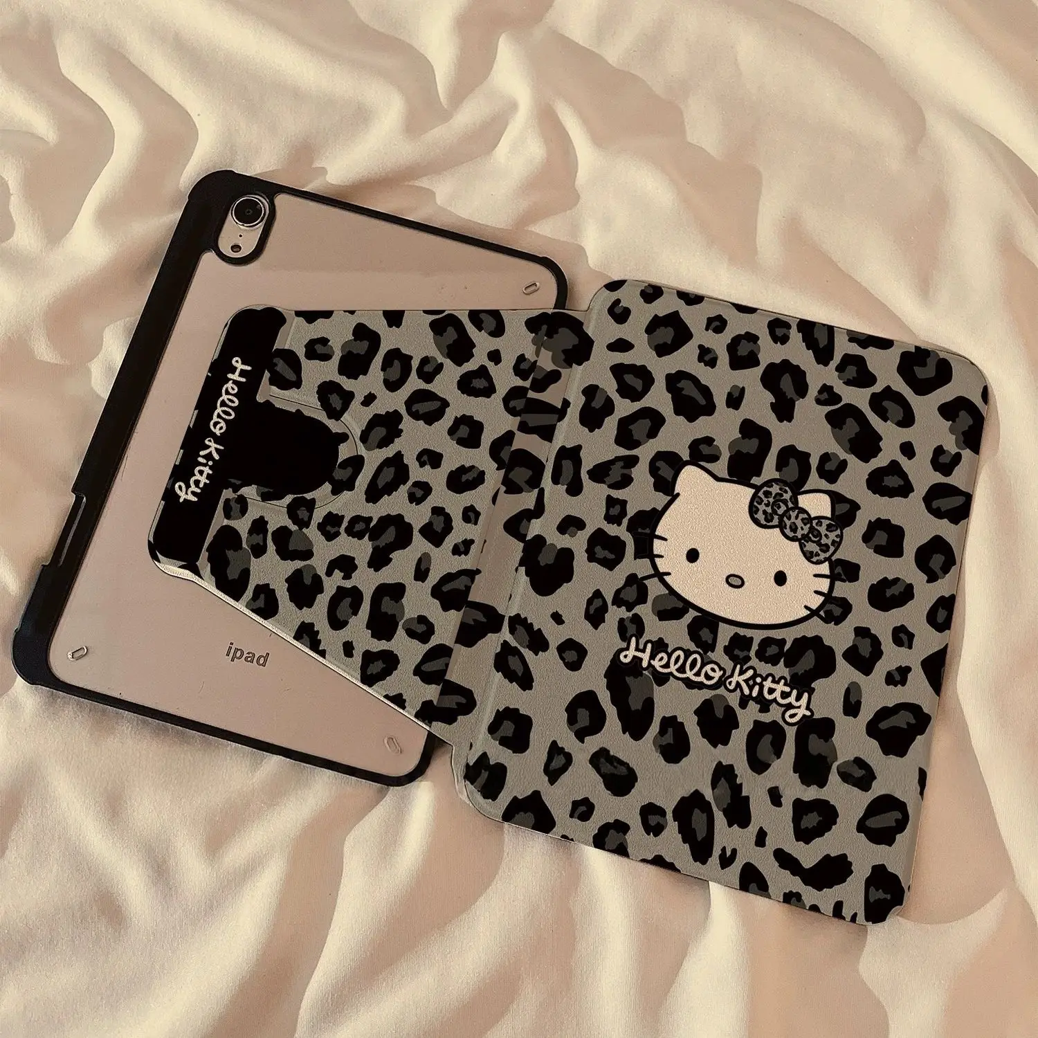 Custodia protettiva per iPad Kawaii Hello Kitty Cartoon Leopard Print Kitty Applicare a Ipad5/6/7/8 Ipadpro18/20/21/22 Mini4/5/6 Girevole