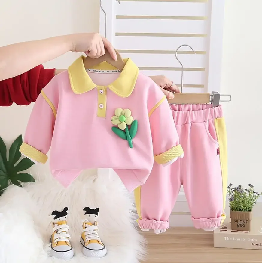 

Toddler Girls Sets for Kids Baby Clothes Korean Three-dimensional Flowers Long Sleeves T-shirts And Pants Two Piece Girl Outfits