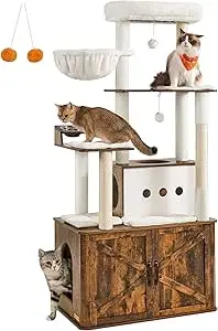 FEANDREA scratching post, litter box wardrobe, raised feeding bowls, scratching trunks