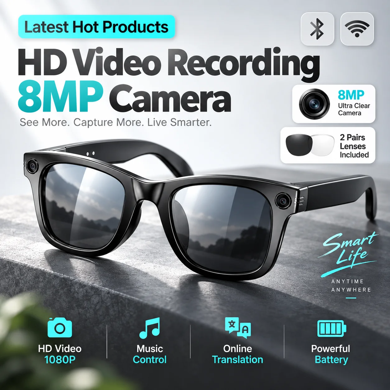 2026 AI Camera Glasses 8MP HD Camera 1080P Video Recording Real Time Translation Bluetooth Call Music WiFi Sunglasses Men Women