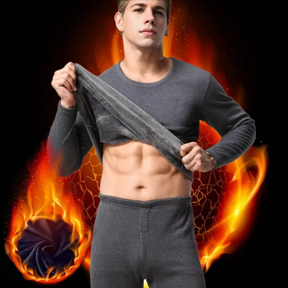 

Мужской теплый костюм, уютный мужской пижамный комплект с плюшевой подкладкой, Топ с длинным рукавом и брюки с эластичным поясом, 2 предмета, теплый костюм для комфорта зимой