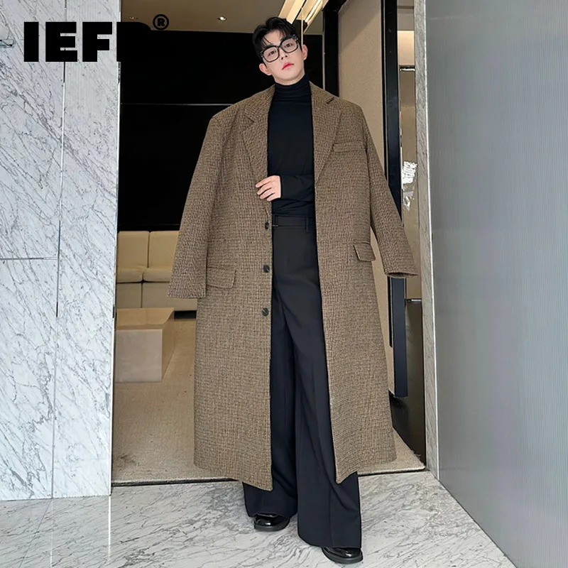 

IEFB Korean Style Men's Woolen Coats Plaid Single Breasted Solid Color Overknee Back Slit Long Male Windbreakers Autumn 9C7892