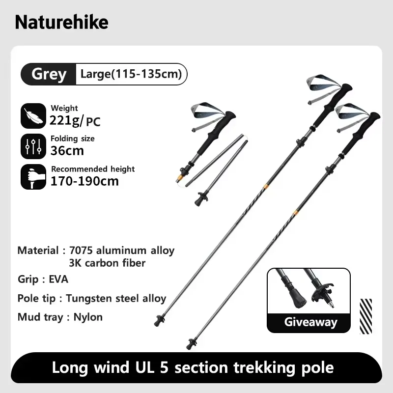 Naturehike-bastones de Trekking de viento largo, fibra de carbono 7075, aleación de aluminio, bastones ligeros plegables de cinco secciones para escalar