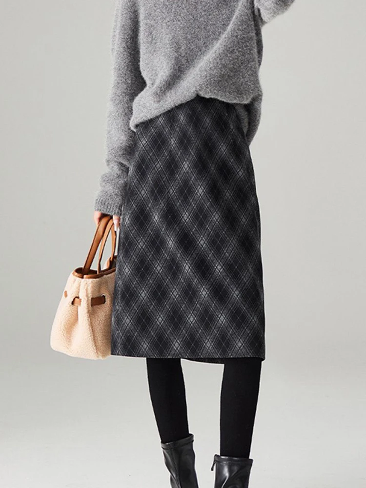 

Retro Academic Plaid Skirt Women's Winter New Straight Slit Woolen Skirt Autumn Winter Sli Skirts High Waist A-Line