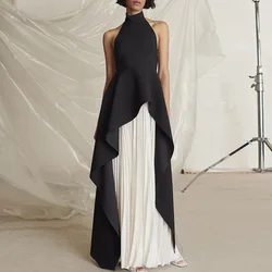 Halter 79 evening dress female celebrity light luxury black and white contrast long pleated skirt suit black engagement toast d