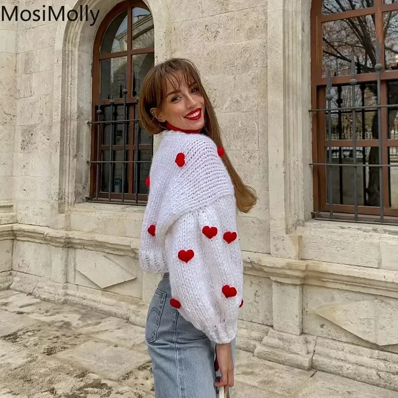 MosiMolly Handmade Heart Sweater Cardigan Women Rhinestone Button Women Cardigan Sweater Jumper Soft Warm Sweater Winter 2022