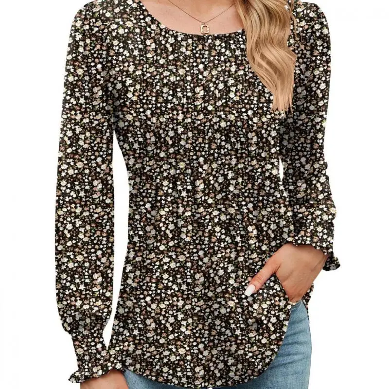 Top de manga comprida com cordão para meninas grandes, estilo monocromático, manga bolha casual, gola redonda, elegante, novo, outono e inverno