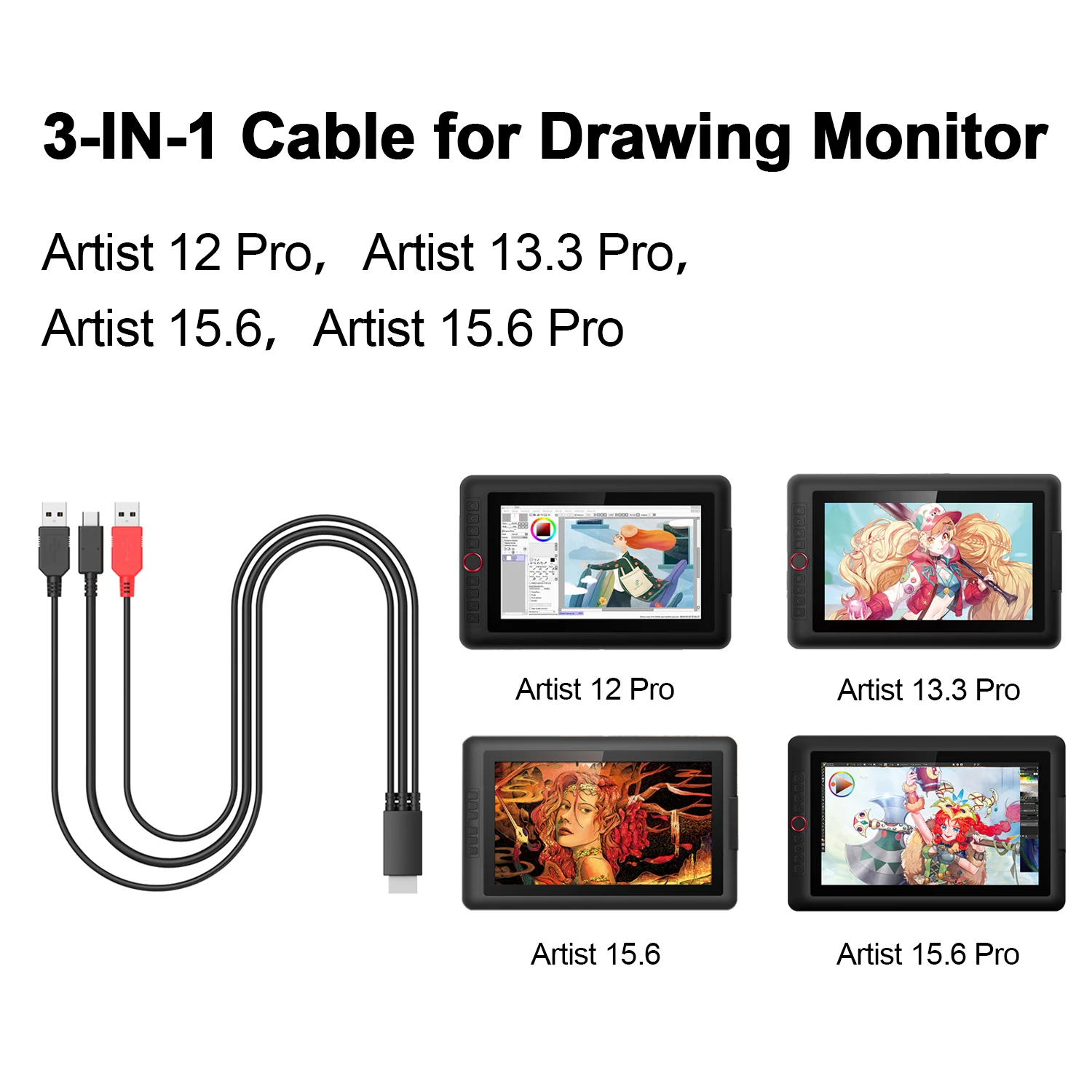 Original 3 in 1 Cable Only for XP-Pen Artist10Sv2,Artist 13.3Pro,Artist 15.6/Pro,Artist 12Pro