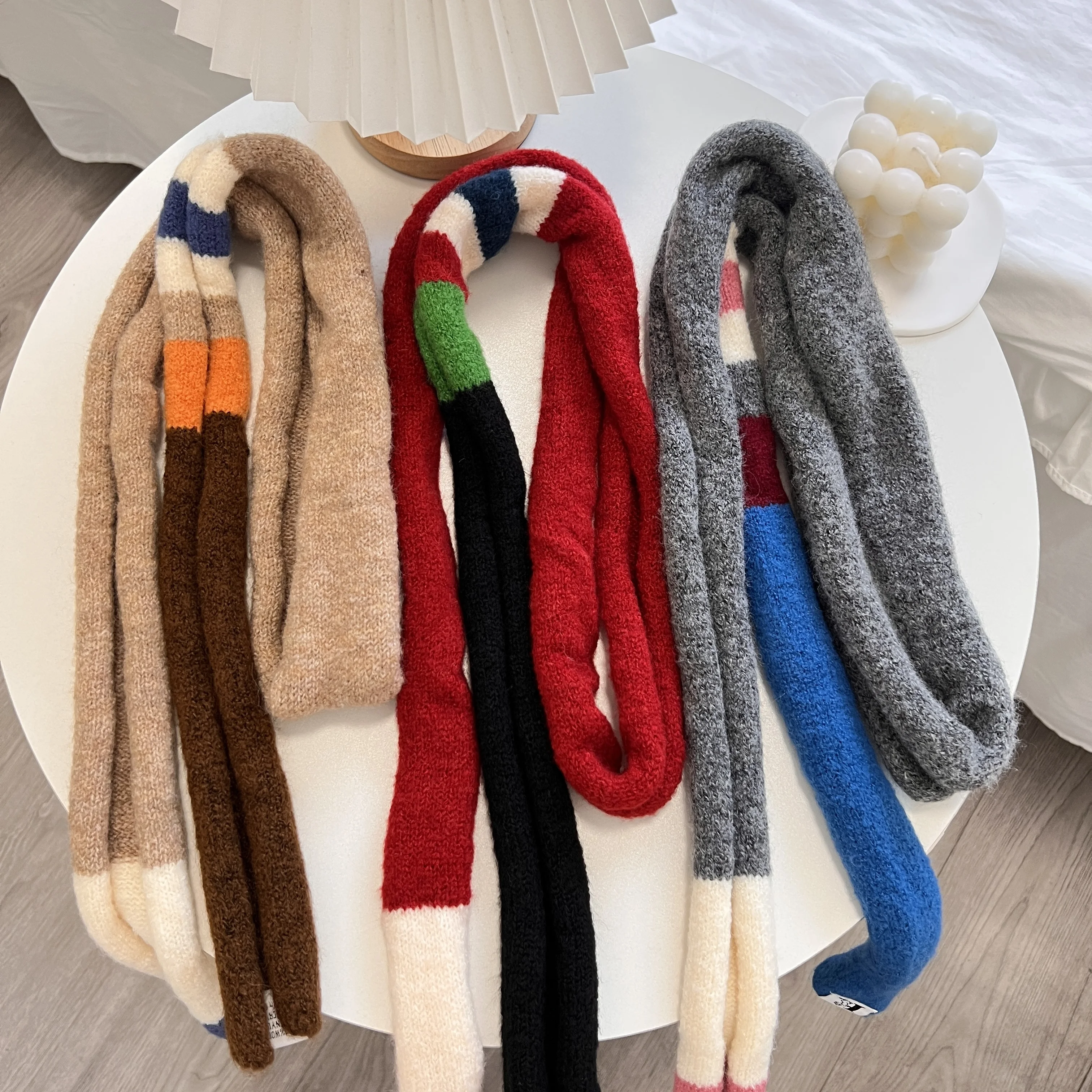 New Niche Design Striped Color Matching Thin Narrow Long Wool Scarf Women\'s Knitted