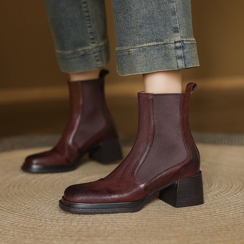 

Ladies Shoes Spring Autumn Vintage Ankle Boots Thick Heeled Woman Chelsea Boots Elastic Band Sheepskin British Style Short Boots