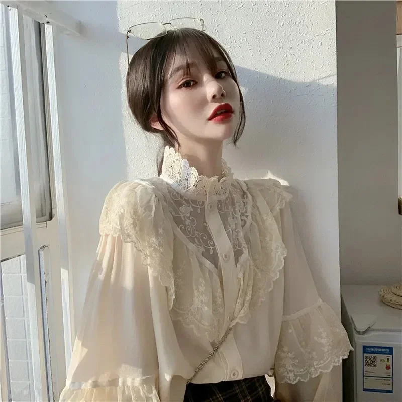 Spring Lace Loose Long Sleeve Elegant Korean Women Blouse Solid Color Casual Stand Collar Button Fashion Lady Clothes 11335