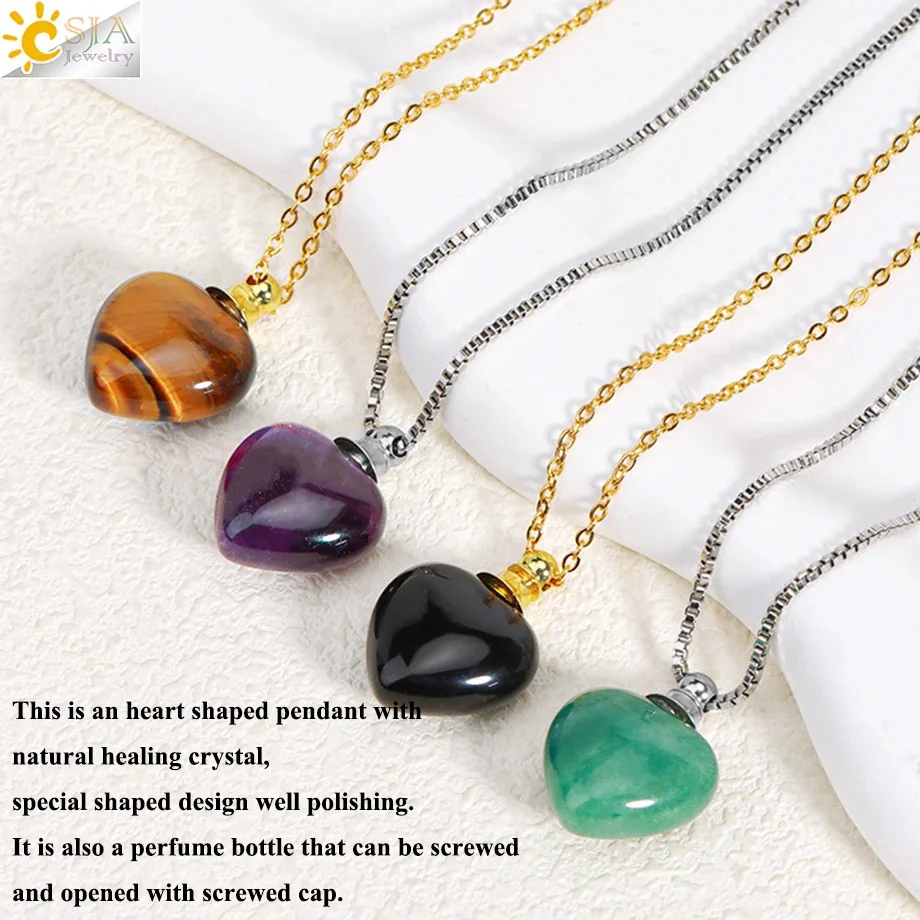 Natural Stone Crystal Perfume Bottle Necklace Healing Amethysts Heart  Pendant Reiki Essential Oil Diffuser Necklace Women H410