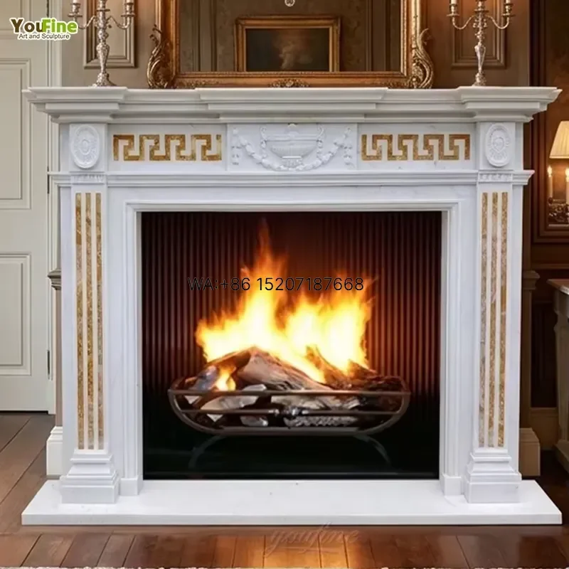 Wmwmnu for YouFine Neoclassical White Marble Fireplace Mantel Hand Carved for Luxury Home Villa Hotel