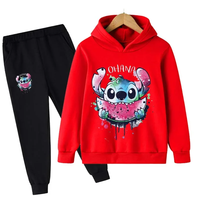 Dziecięca bluza z kapturem Disney Cartoon Print Stitch chłopięca koszulka sportowa wysokiej jakości miękkie topy zestawy z dziewczęcymi spodniami na