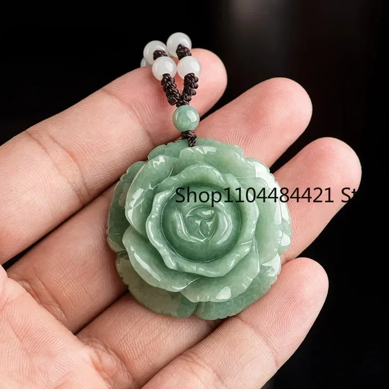 Natural A-goods Jadeite Peony Flower Pendant Hand-carved Fashion Charm Luxury Ice Jade Necklace Men and Women Holiday Gift