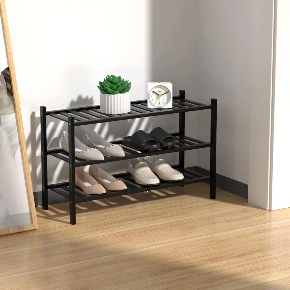 Modern Shoe Rack 3-Tier Natural Bamboo Shoe Rack - Stackable Storage Shelf With Multi-Function Combinations - Free Standing Shoe