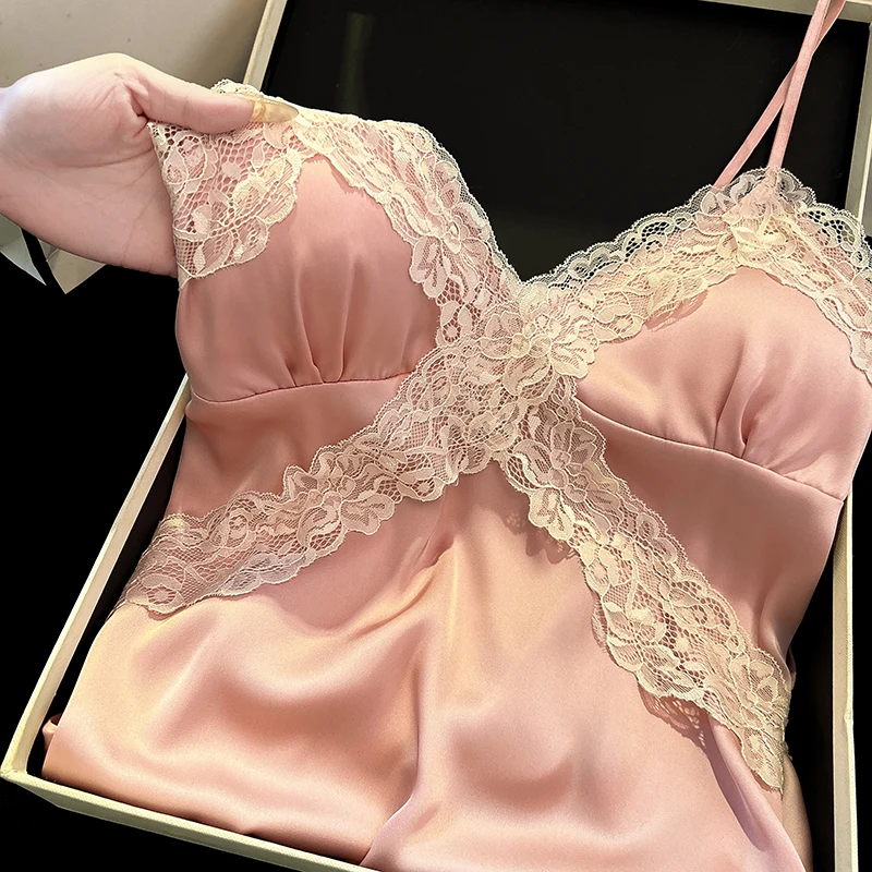 DAIMELU sexy ice silk nightdress women's summer cold bean paste powder with chest pad sleepwear skirt pajamas lady nightgown