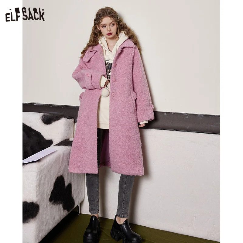 ELFSACK Pink Warm Wool Coats Women 2023 Winter Sweety Loose Long Outwears