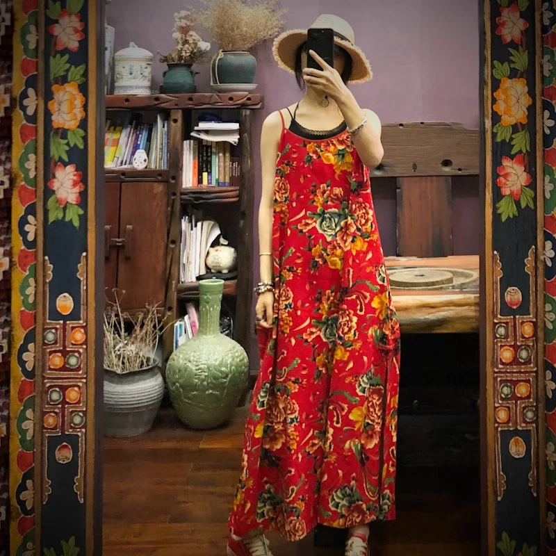 Summer New Sle Loose Cotton Linen Strap Dr Women's Ethnic Loose plus Size Slimming Base Layer Floral Print Long Dr