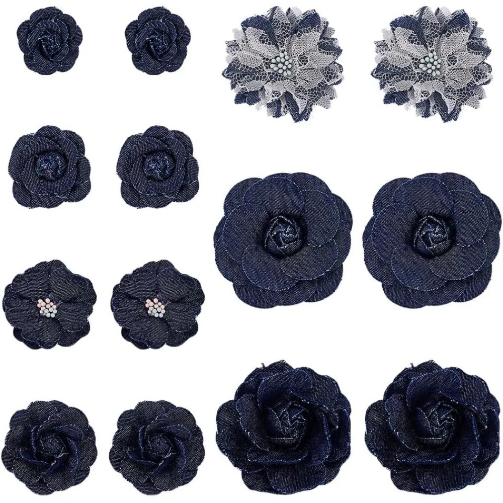 14 Piezas, 7 Estilos, Flores de Tela Vaquera, Camelia, Flores Cosidas, Flores de Tela Azul Prusiano, Flores 3D de Tela para Manualidades y Ropa