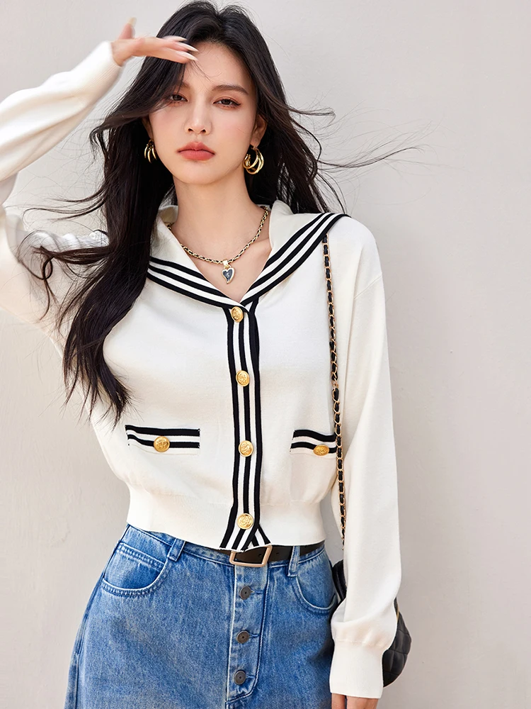 ​​​Preppy Style Sailor Collar Knitted Cardigan Women Autumn New Korean Fashion Long Sleeve Sweater Single Breasted Short Coat