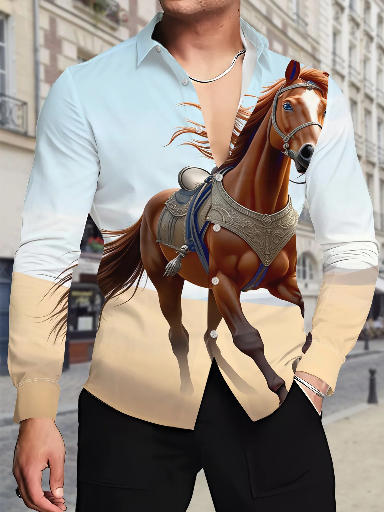 Men Long-Sleeve Button-Down Shirt 3D Western Horse Print Polyester Lapel Collar Casual Party Top