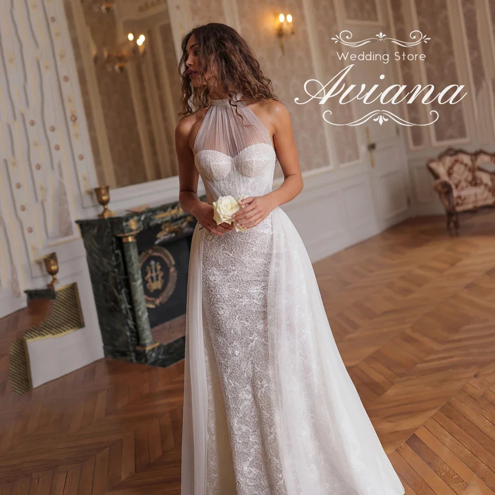 Aviana Customized Halter Neck Bridal Gown Sheer Tulle Neckline Sequin Lace Bodice Mermaid Wedding Dress Embroidery New Design
