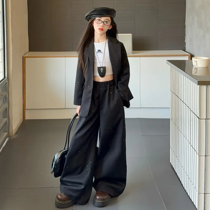 

Fashion Girls Silver Suit 2-piece Set 2025 Children's Spring and Autumn Jacket Wide Leg Pants Temperament Set