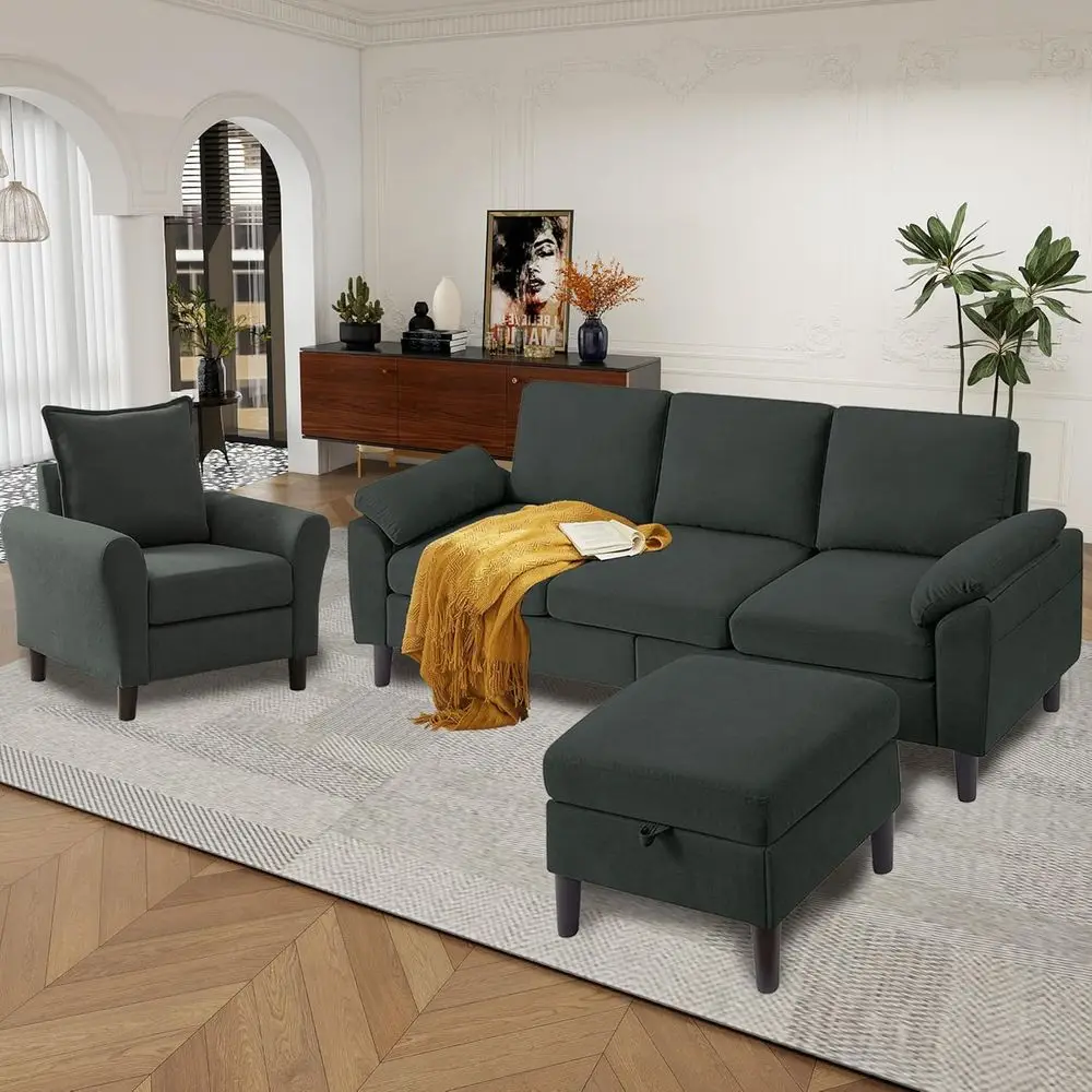 

79 Convertible Sectional Sofa Set, Linen Small L-Shaped Couch with Reversible Ottoman and Accent Chair, 3-Seat Sofas for Living
