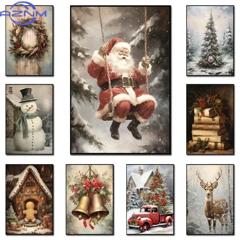 Vintage Holiday Christmas Santa Claus Winter Gingerbread Сottage Wall Art Posters Prints Canvas Painting for Room Home Decor