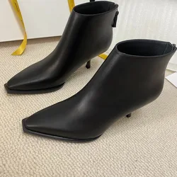 Top Quality Small Square Toe Cat Heel Calfskin Short Boots for Women