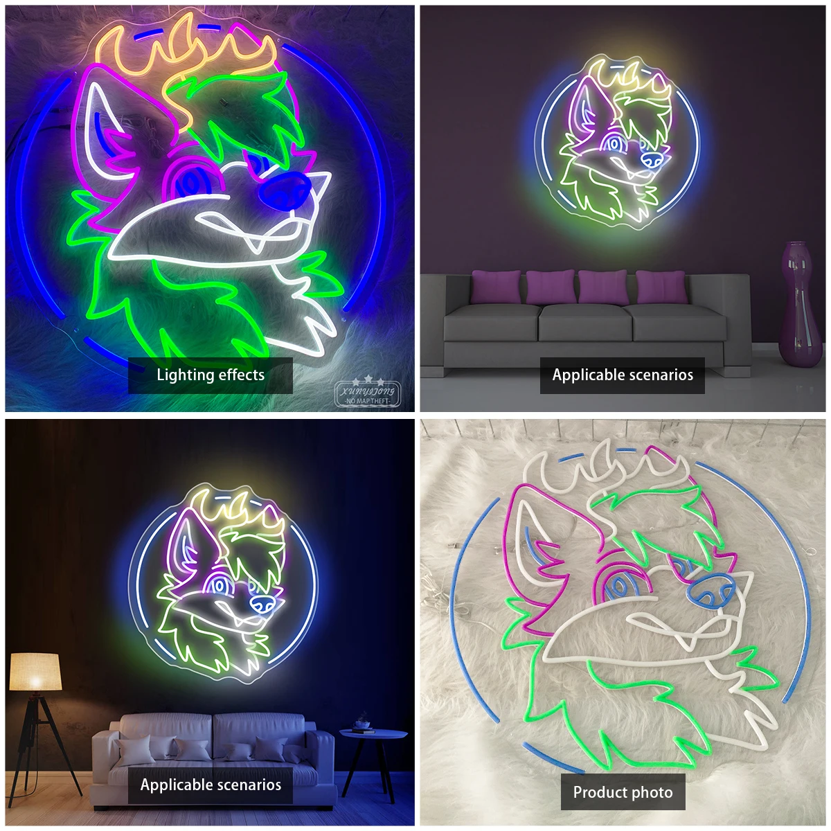 Neón con forma de lobo de dibujos animados hecho a medida para la habitación del niño, decoración fresca, fiesta, ambiente festivo, luces de neón, crear ambiente