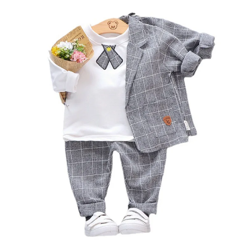 Spring Autumn Baby Boys Clothes Suit Children Casual Plaid Coat T-Shirt Pants 3Pcs/Set Toddler Gentleman Costume Kids Tracksuits