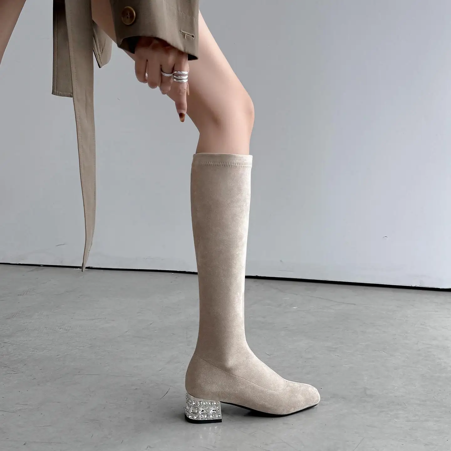 Flock 2026 Round Toe Crystal Med Heels Fashion Boots Keep Warm Autumn Winter Shoes Luxury Brand Women Elastic Knee-high Boots