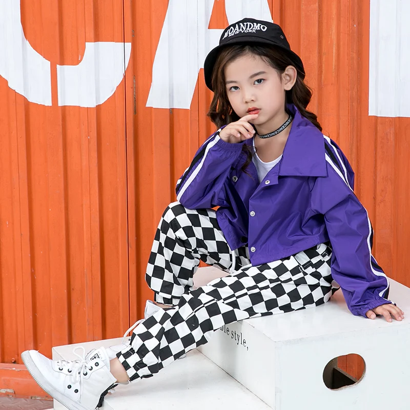 Girls Crop Jacket Plaid Pant Hip Hop Kids Checkered Street Dance Clothes Sets Child Jazz Short Coat Outfits Costumes Streetwear