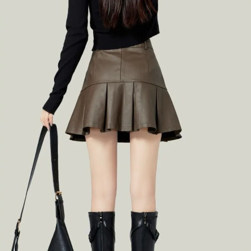 PU Leather Mini Skirts Women Vintage Solid Empire A-line Hip Wrap Lined All-match Highstreet Female Chic Ulzzang Button Daily