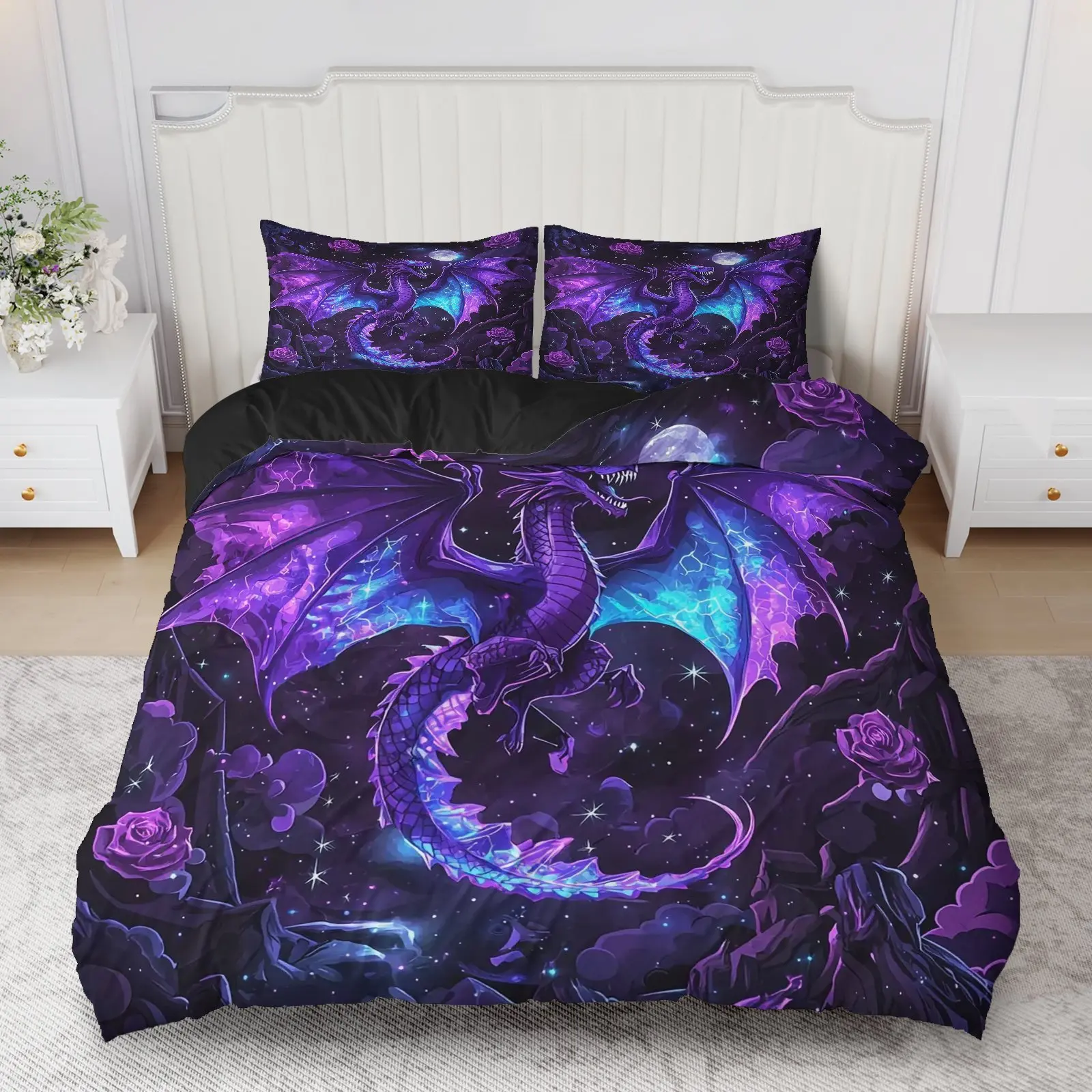 Cosmic Lunar Dragon Starry Sky Moon Purple Blue Dragon Bedding Set 3D Printed Fantasy Winged Dragon Duvet Cover Set for Bedroom