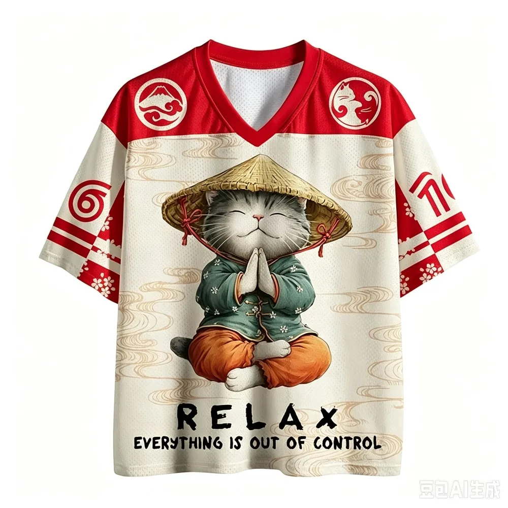 Japanischer Retro-Zen-Katzen-3D-Druck Schnelltrocknendes Atmungsaktives Sport-T-Shirt für Männer und Frauen mit V-Ausschnitt, Modische Streetwear für Eltern – Detail 6