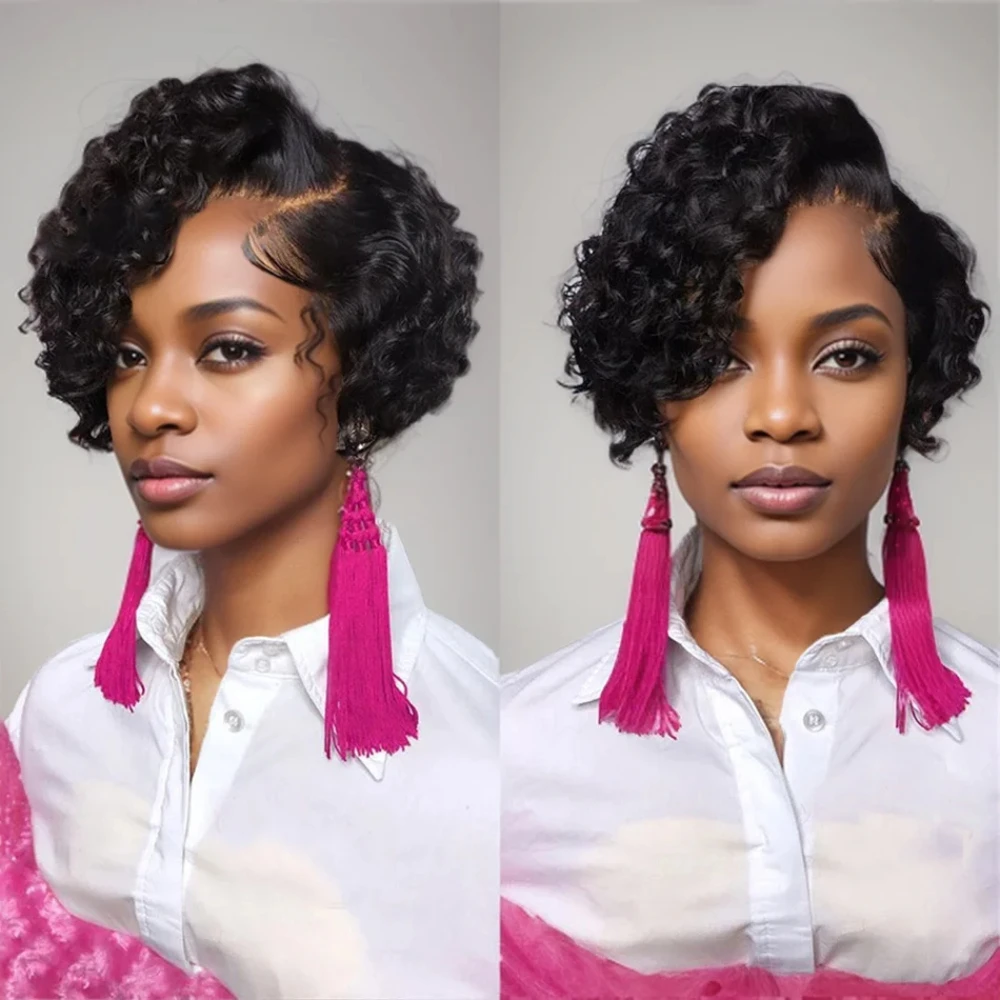 

150% Density 6Inch 13x1 T Part Lace Short Pixie Cut Deep Wave Curly Wave Wig Remy Human Hair Wig For Women Human Hair Wig